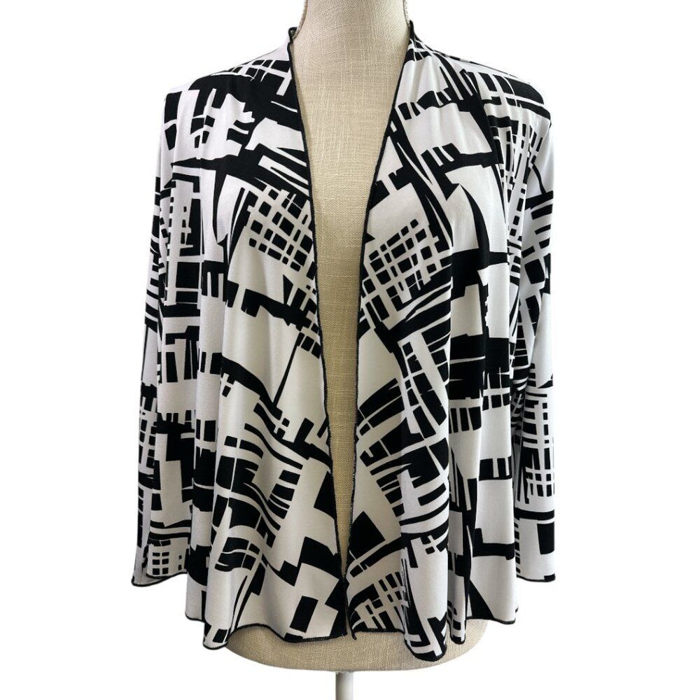 Sun Kim Cardigan Open Front Black White Print Abstract Art Women's size XL NWT